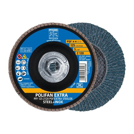 PFERD 5" x 5/8-11 Thd. POLIFAN® Flap Disc - Z PSF EXTRA STEELOX, Zirconia, 120 Grit, Flat 60497